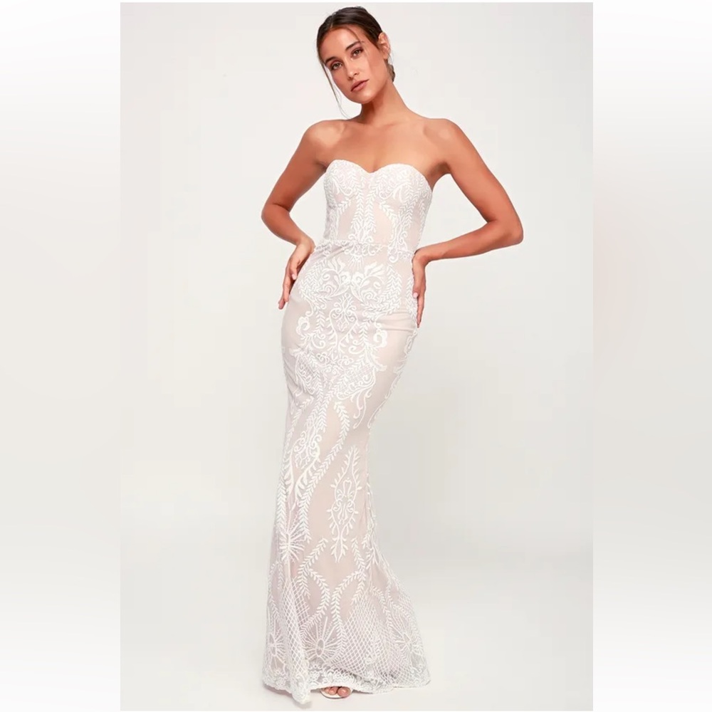 Strapless white lace maxi dress